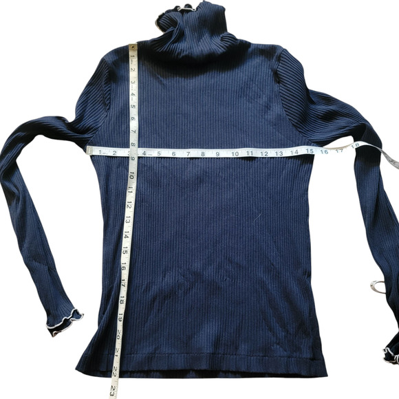 J Crew Navy/White Ribbed Long Sleeve Ruffle Neck/Sleeve Turtleneck Size Small - Picture 4 of 5